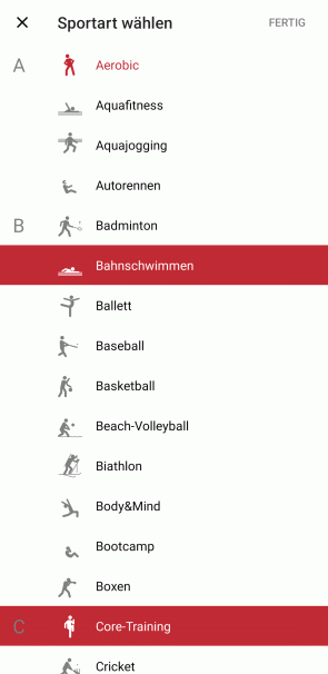 Sportprofil - Einstellungen für einzelne Sportarten