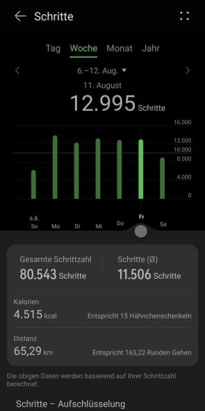 Auswertung Schritte auf Wochenbasis