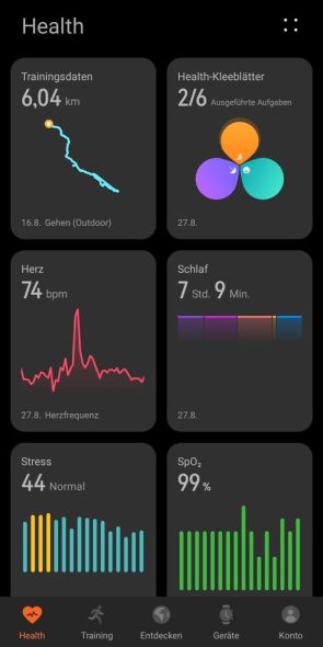 Huawei Health – Dashboard – Kacheln