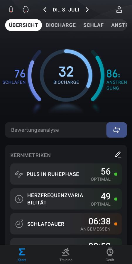 Dashboard der Zepp App mit BioCharge-Wert