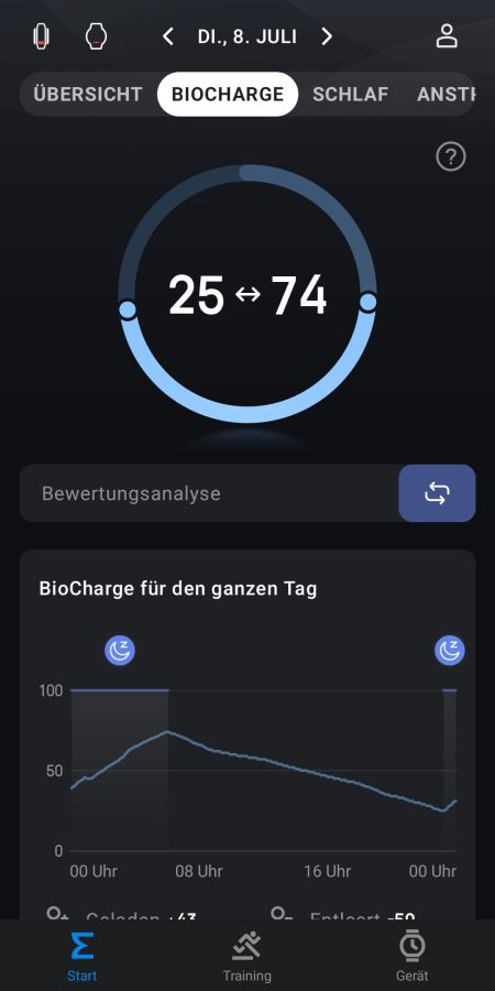 Verlauf der BioCharge-Metrik über einen Tag
