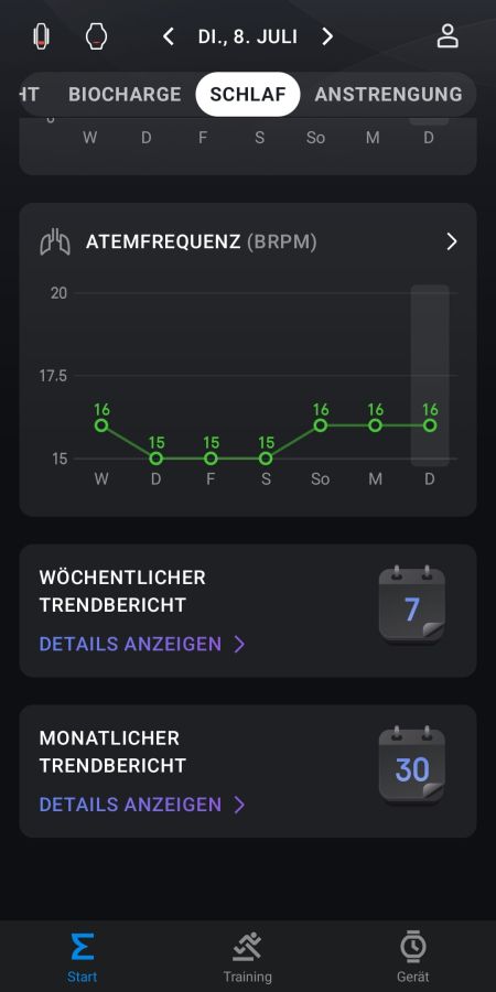 Auswertung des Schlafs - Verlauf der letzten Tage