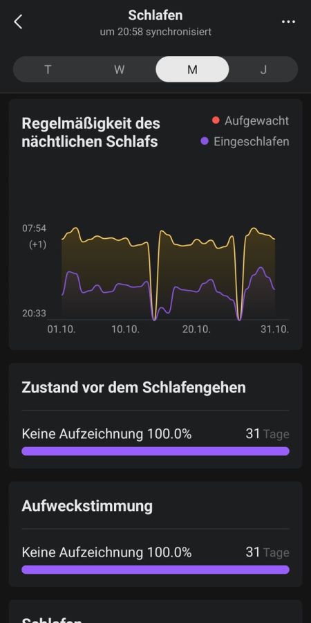 Zepp App - Regelmäßigkeit der Schlafzeiten in der Monatsansicht