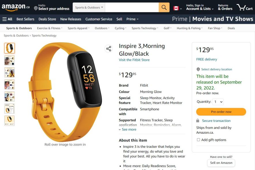 Fitbit Inspire 3 – Amazon product page | Source: amazon.ca