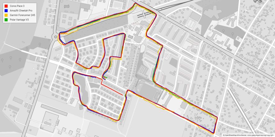 Streckverlauf aufgezeichnet mit der Coros Pace 3 im Vergleich zu anderen Sportuhren