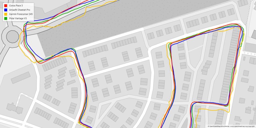 Detailed view of deviations in the track recorded with the Coros Pace 3 compared to other sports watches