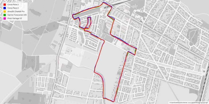 Streckverlauf aufgezeichnet mit der Coros Pace 3 im Vergleich zu anderen Sportuhren