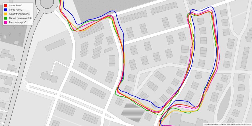 Detailed view of deviations in the track recorded with the Coros Pace 3 compared to other sports watches