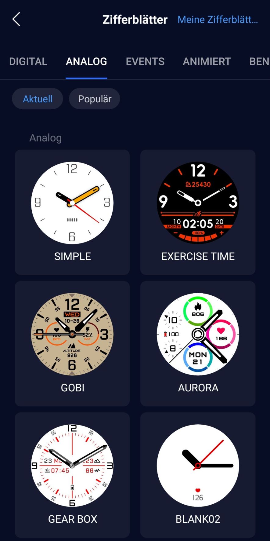 Darstellung verschiedener Watchfaces in der Coros App