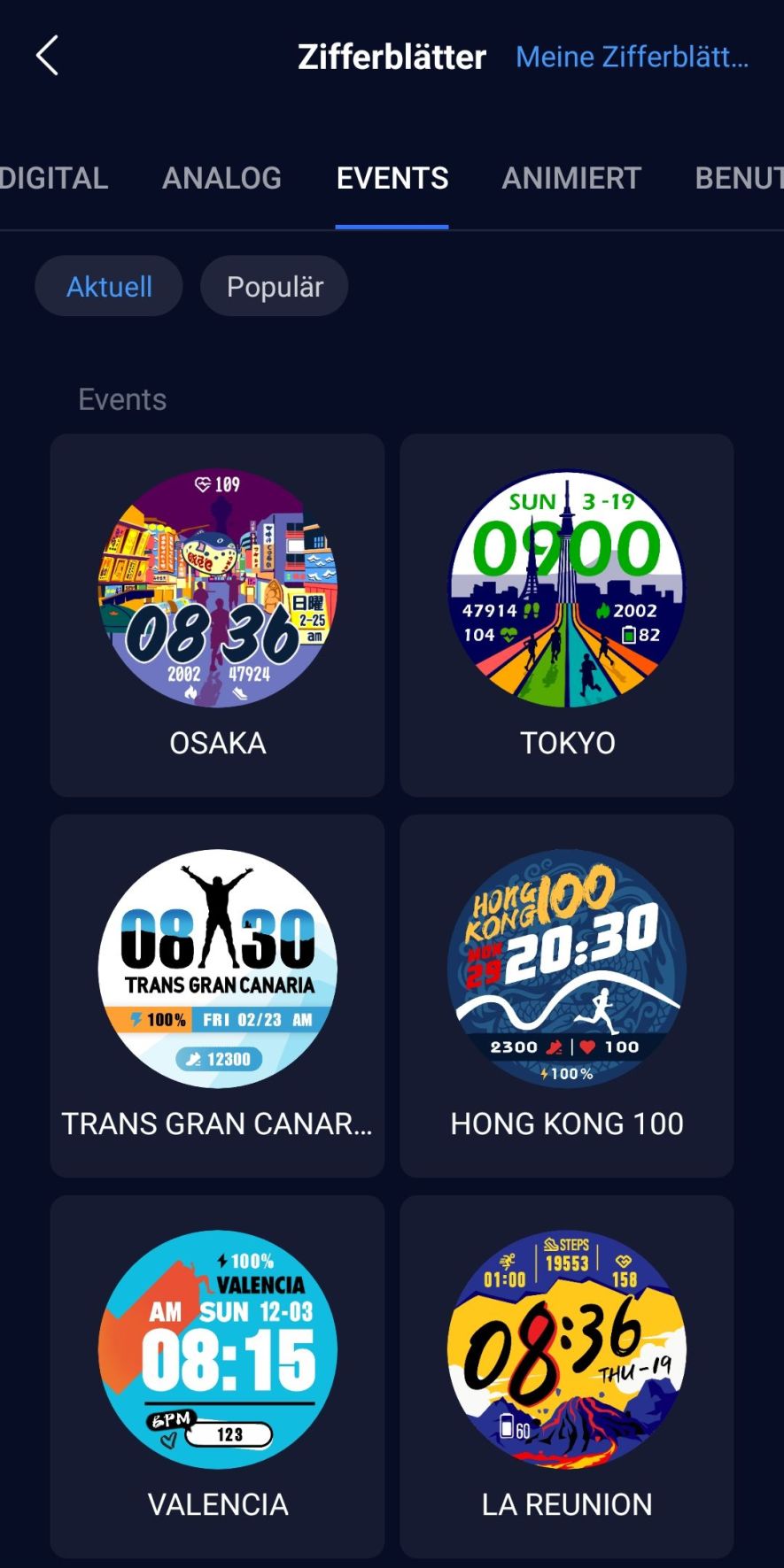 Representation of various watchfaces in the Coros app