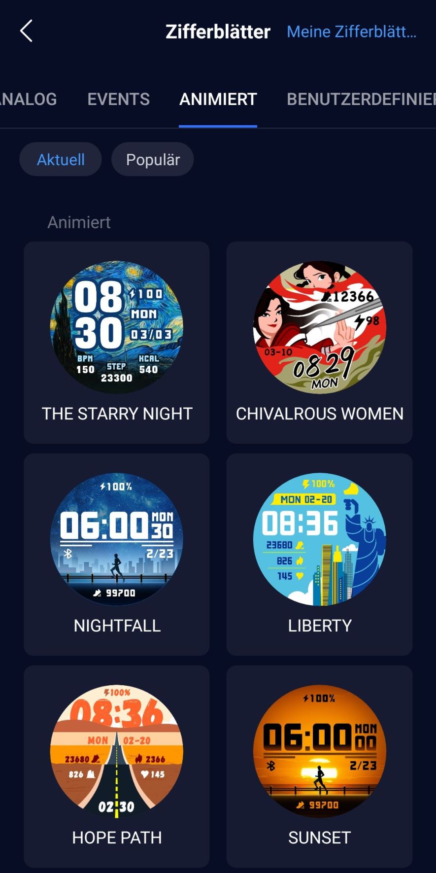Representation of various watchfaces in the Coros app