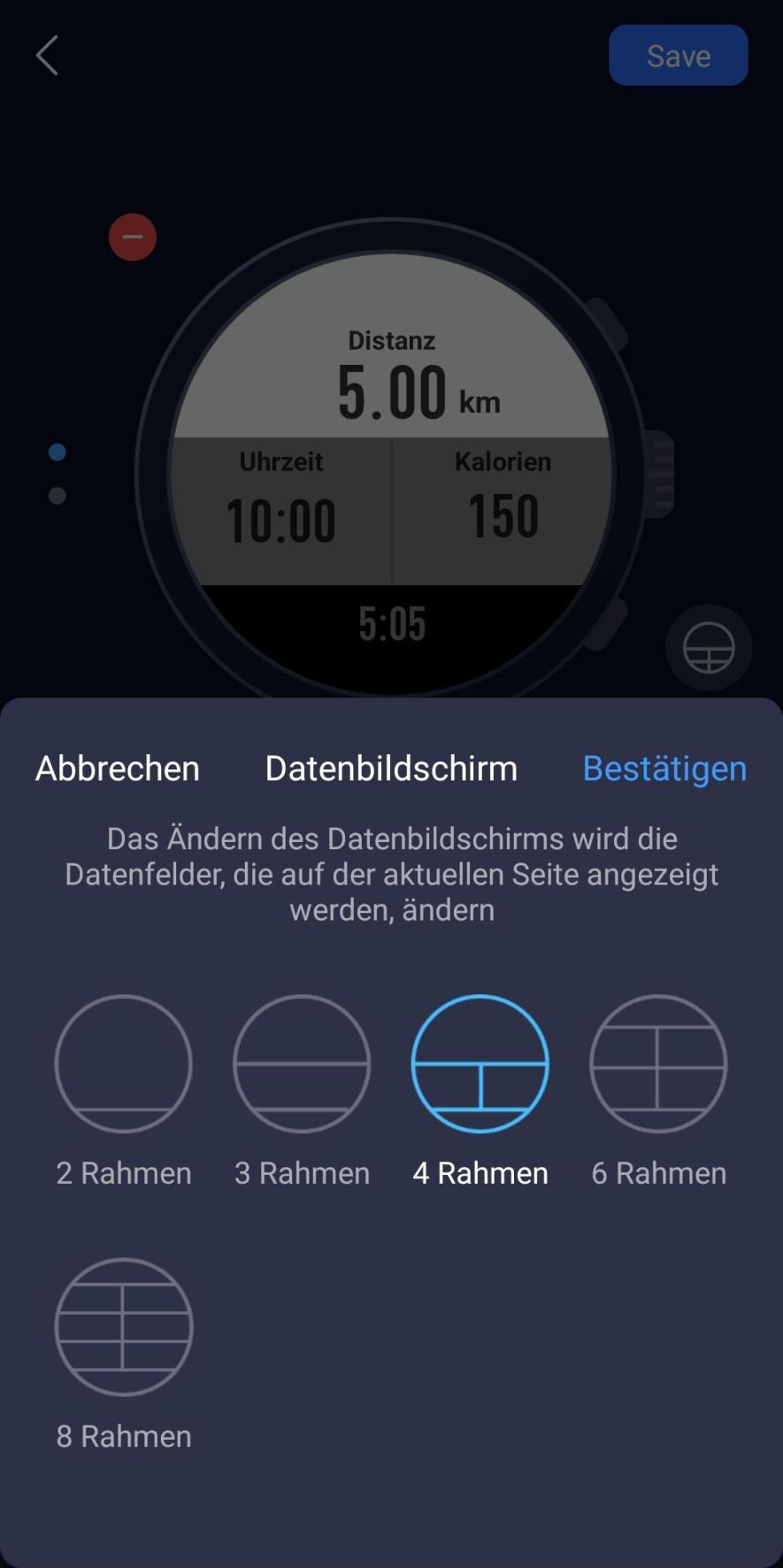 Auswahl von Datenseiten und Datenfeldern für ein Sportprofil in der Coros App