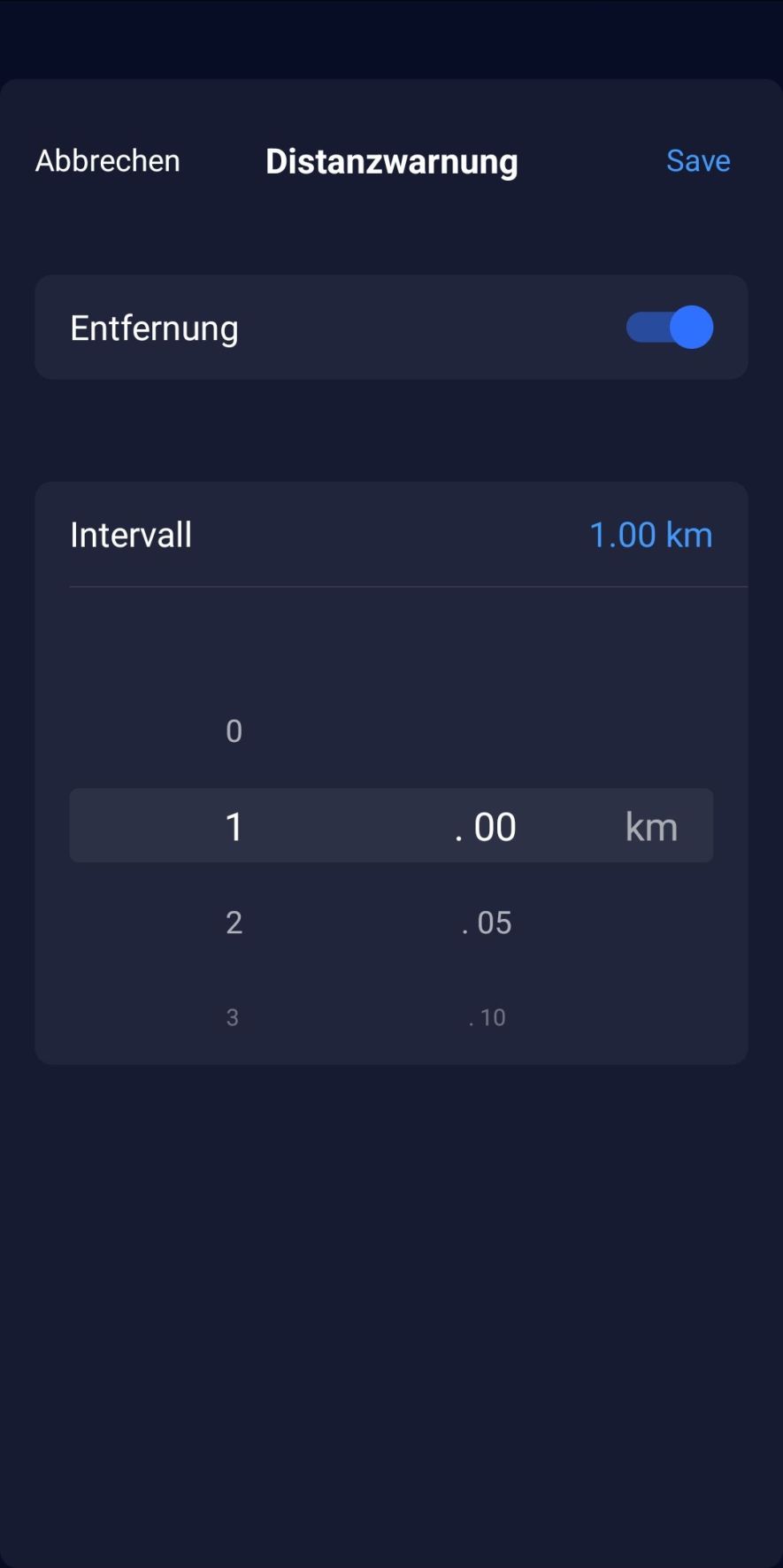 Auswahl des Distanzalarms für ein Sportprofil in der Coros App
