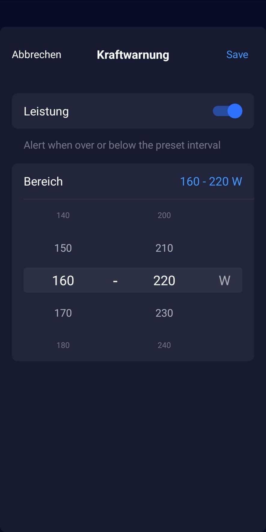 Selection of power warning for a sports profile in the Coros app
