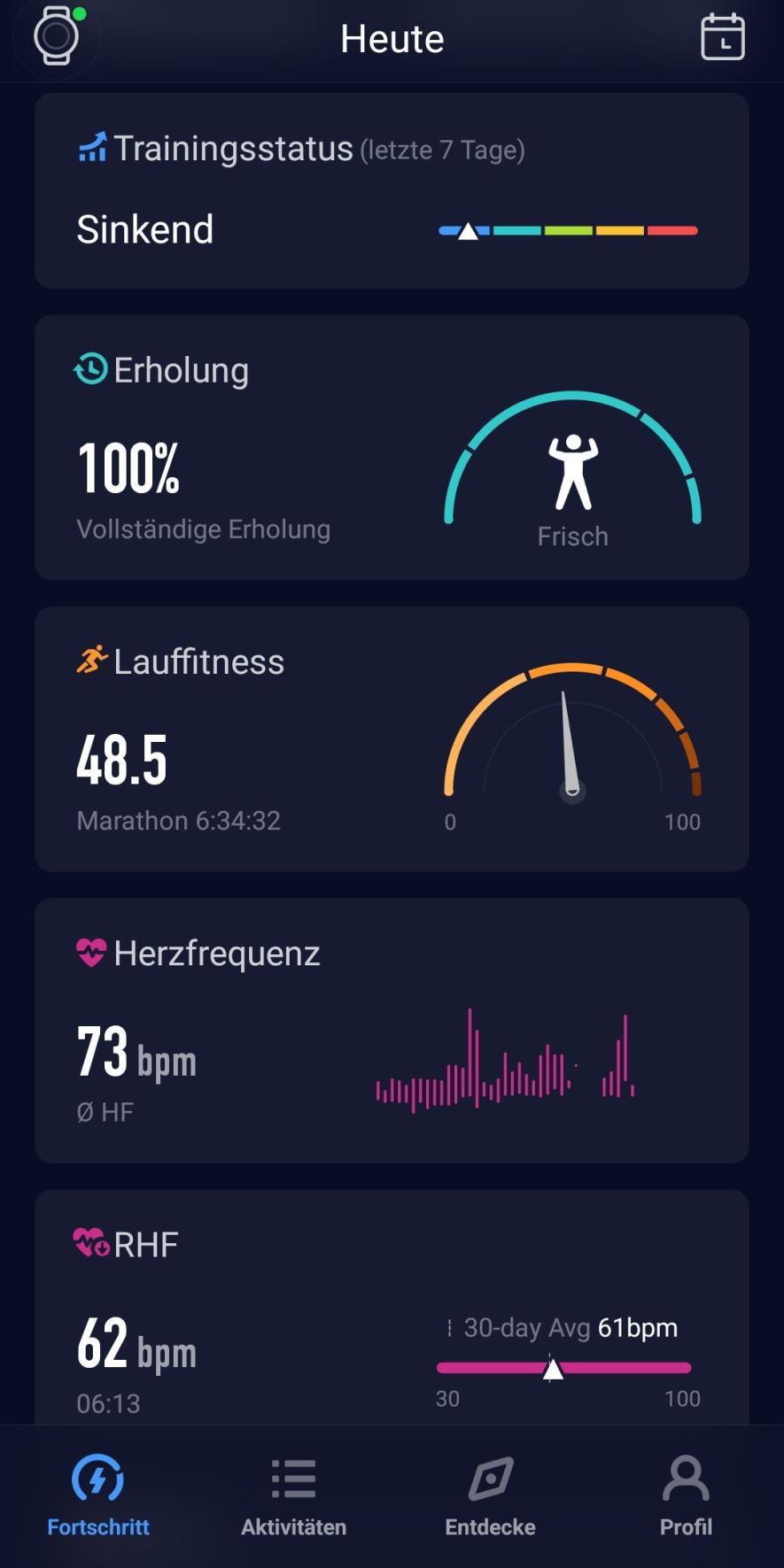 Dashboard der Coros App