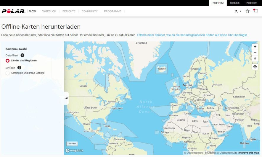 Download von Kartenmaterial über die Webseite von Polar