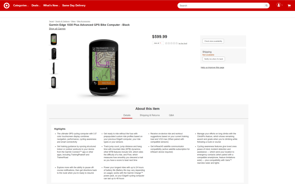 Garmin Edge 1030 Plus - Listed on a retailer's online shop